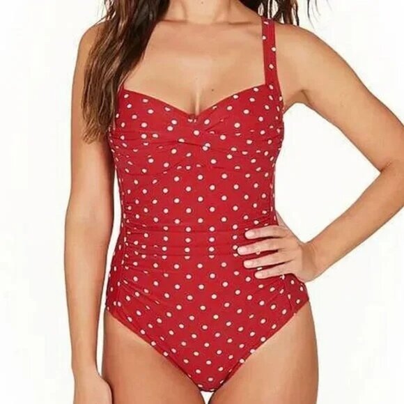 Niptuck Swim Red Polka Dot Swimsuit Joanne Slimming Ruched One Piece Size 8 - Picture 1 of 12
